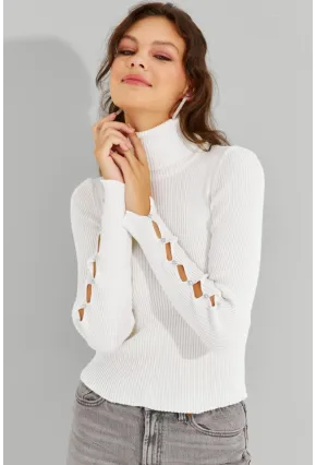 Kadın Ekru Kolları Taş Detaylı Balıkçı Kazak SF2185