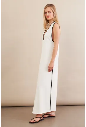 Kadın Ekru Kontrast Çizgili Maxi Keten Elbise MSİ101