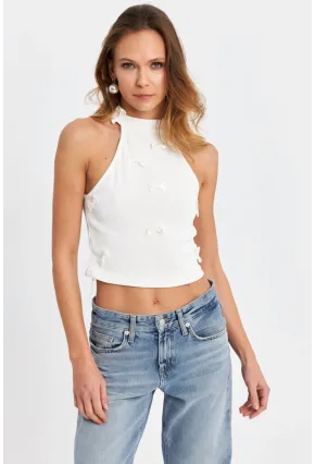 Kadın Ekru Kurdele Detaylı Halter Yaka Bluz MTK13231