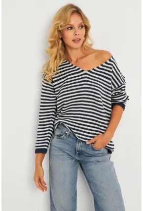 Kadın Ekru-Lacivert V Yaka Triko Salaş Bluz YV283