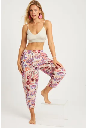 Kadın Ekru-Lila Desenli Keten Şalvar Pantolon K1253