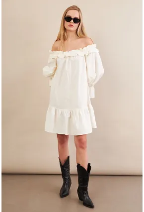 Kadın Ekru Madonna Yaka Midi Elbise PSG1012