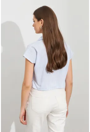 Kadın Ekru-Mavi Çizgili Bağlamalı Crop Gömlek MPC306