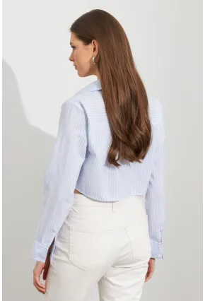Kadın Ekru-Mavi Çizgili Crop Gömlek MPC305