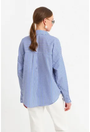 Kadın Ekru-Mavi Çizgili Gömlek ZER425