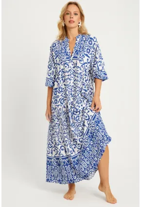Kadın Ekru-Mavi Desenli Midi Elbise GÇ169