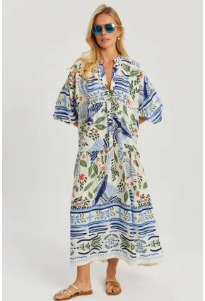 Kadın Ekru-Mavi Desenli Salaş Maxi Elbise GÇ166