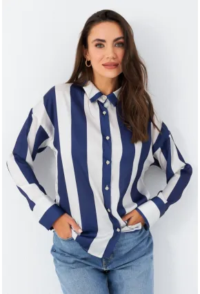 Kadın Ekru-Mavi Desenli Saten Gömlek MSHR500