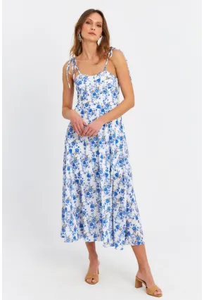 Kadın Ekru-Mavi İp Askılı Çiçekli Midi Elbise ERL10013