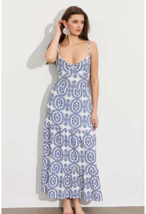 Kadın Ekru-Mavi Sırt Dekolteli Desenli Maxi Elbise LİT110