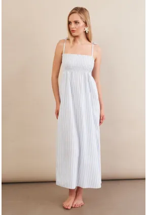 Kadın Ekru-Mavi Straplez çizgili Plaj Elbisesi OR502