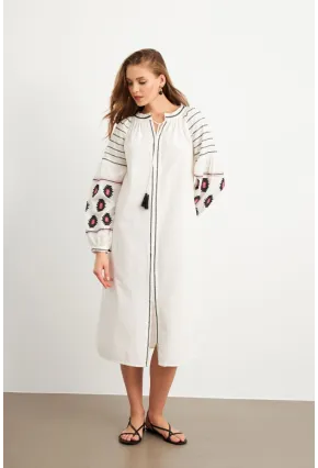 Kadın Ekru Nakışlı Balon Kol Keten Midi Elbise MQS5689-1