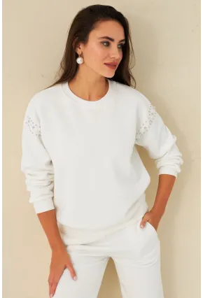 Kadın Ekru Omuzları İnci Detaylı Sweatshirt DY1424