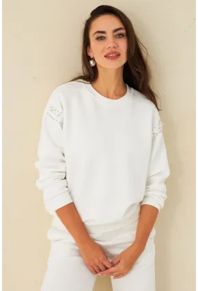 Kadın Ekru Omuzları İnci Detaylı Sweatshirt DY1424