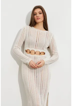Kadın Ekru Önü Pencereli Ajurlu Plaj Elbisesi KZ545