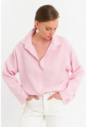 Kadın Ekru-Pembe Çizgili Gömlek ZER425