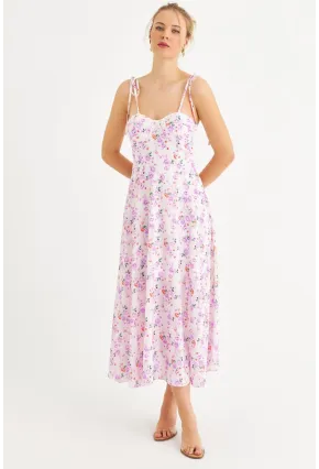 Kadın Ekru-Pembe İp Askılı Çiçekli Midi Elbise ERL10013