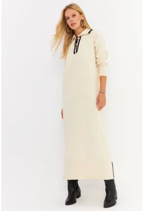 Kadın Ekru Polo Yaka Triko Maxi Elbise MNUV17