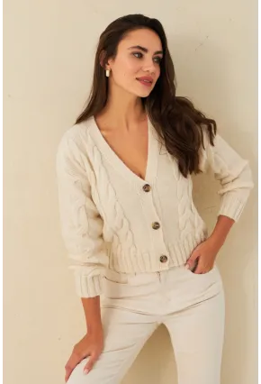 Kadın Ekru Saç Örgülü Hırka YV295