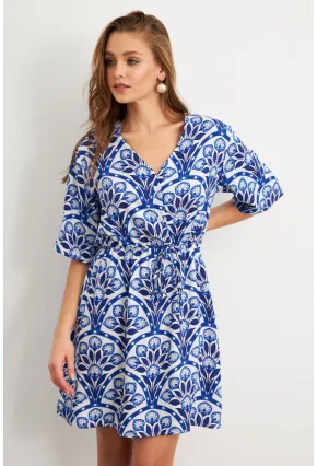 Kadın Ekru-Saks Desenli Mini Elbise Q1006