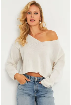 Kadın Ekru Salaş Kısa Triko Bluz YV281