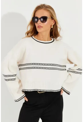 Kadın Ekru Salaş Triko Kısa Kazak YZ518