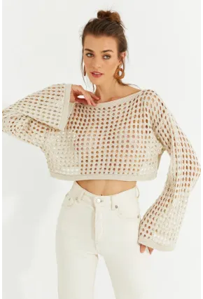 Kadın Ekru Simli Ajurlu Triko Kısa Bluz YV141