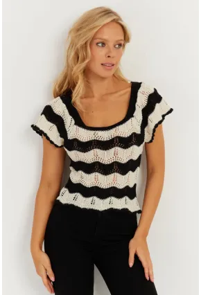 Kadın Ekru-Siyah Ajurlu Triko Bluz YZ624