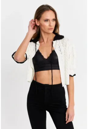 Kadın Ekru-Siyah Ajurlu Triko Hırka YV307