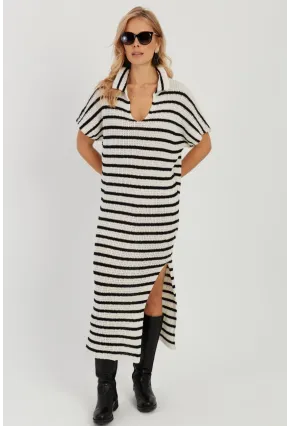 Kadın Ekru-Siyah Ajurlu Triko Midi Elbise YZ622