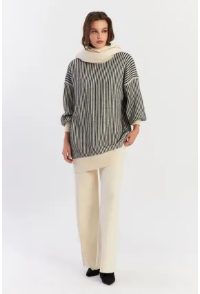 Kadın Ekru-Siyah Alt Üst Pantalon Triko Takım NUV35