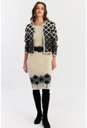 Kadın Ekru-Siyah Alt Üst Triko Desenli Takım NUV2028