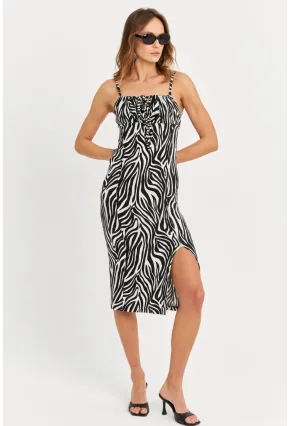 Kadın Ekru-Siyah Askılı Bürümcük Midi Elbise KAB302