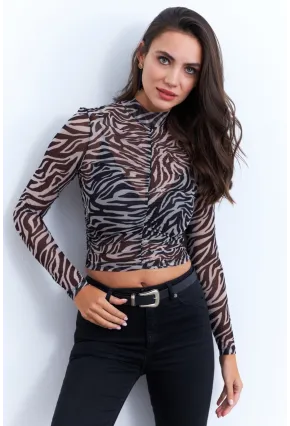 Kadın Ekru-Siyah Büzgülü Desenli Tül Bluz AYD379