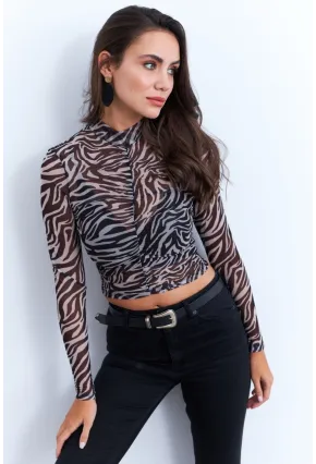 Kadın Ekru-Siyah Büzgülü Desenli Tül Bluz AYD379