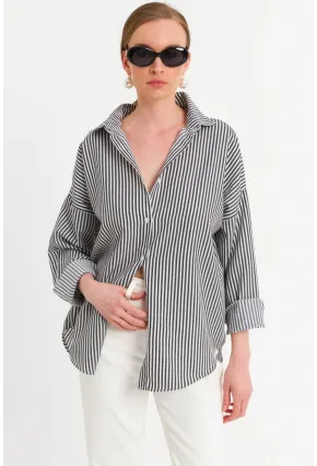 Kadın Ekru-Siyah Çizgili Gömlek ZER425