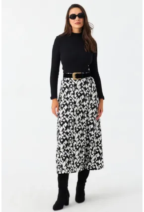 Kadın Ekru-Siyah Desenli Çan Etek MLON3007