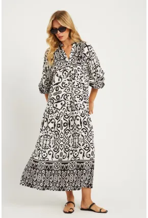 Kadın Ekru-Siyah Desenli Midi Elbise GÇ169