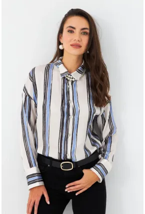 Kadın Ekru-Siyah Desenli Saten Gömlek MSHR500