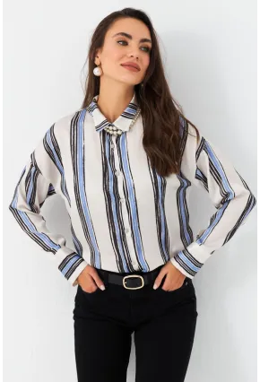 Kadın Ekru-Siyah Desenli Saten Gömlek MSHR500