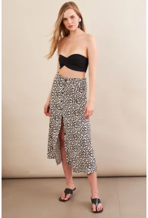 Kadın Ekru-Siyah Düğmeli Midi Etek SH60