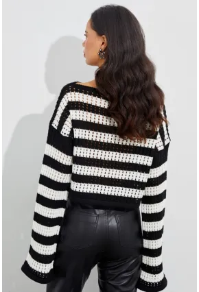 Kadın Ekru-Siyah İspanyol Kol Ajurlu Triko Kısa Bluz YV109