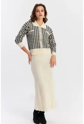 Kadın Ekru-Siyah Kazayağı Desenli Triko Takım NUV36