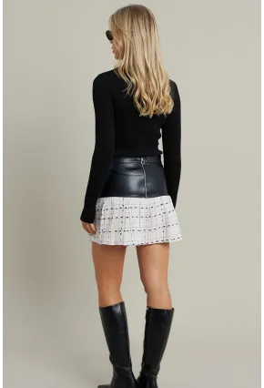 Kadın Ekru-Siyah Kazayağı Suni Deri Mini Etek NH93