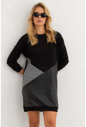 Kadın Ekru-Siyah Leopar Desenli Mini Sweat Elbise ST145