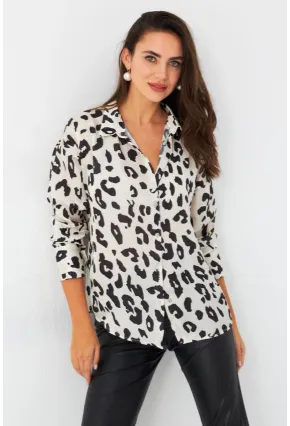Kadın Ekru-Siyah Leopar Desenli Saten Gömlek SHR9