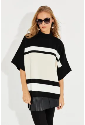 Kadın Ekru-Siyah Panço Kazak SF2513