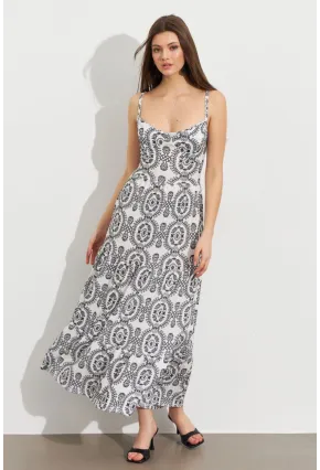 Kadın Ekru-Siyah Sırt Dekolteli Desenli Maxi Elbise LİT110