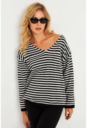 Kadın Ekru-Siyah V Yaka Triko Salaş Bluz YV283