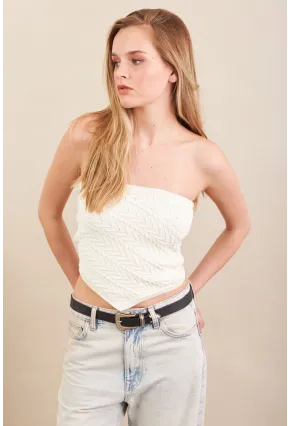 Kadın Ekru Straplez Triko Crop Bluz ZH049